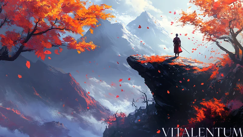 Lone figure on cliff among red autumn trees and peaks.