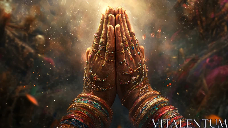 Jewelled hands join in radiant prayer against glowing dusk