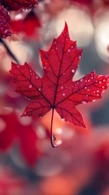 Crimson maple leaf glistens with raindrops in dreamy blur.