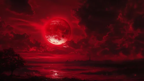 Red moon dominates clouded sky above distant shoreline