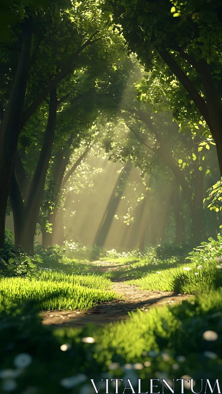 Forest Canopy with Sunlit Path Through Tall Trees.