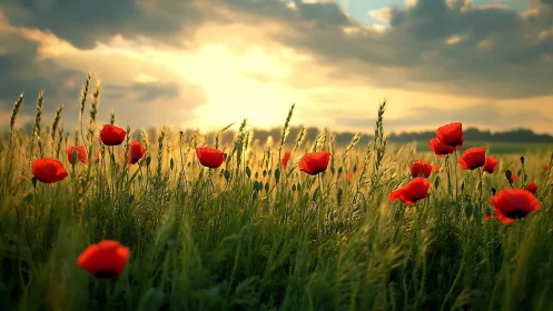 Red poppies and cereal grasses occupy a backlit rural field