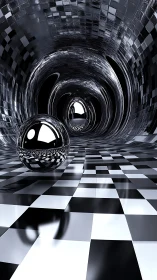 Chrome echo corridor with mirrored spheres in endless drift.