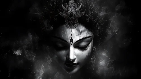 Monochrome divine visage with ornate tiara in smoky void