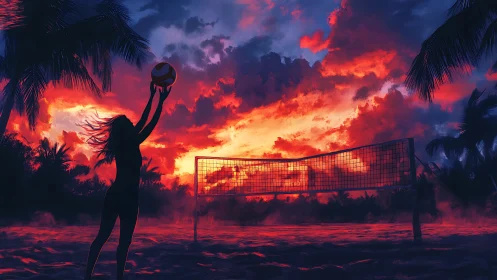 Sunset beach volleyball silhouette under blazing clouds.