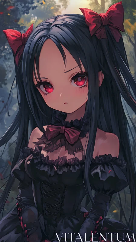 Crimson-eyed gothic girl beneath whispering forest light.