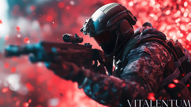 Heavily armed soldier aims rifle in red combat scene.