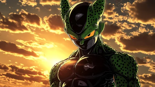 Armored alien warrior silhouette against blazing sunset sky.