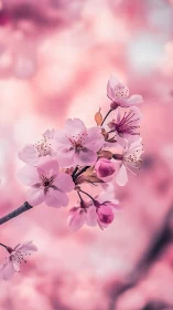 Pink Cherry Blossoms Branch Against Soft Blurred Background.