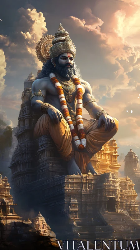 Colossal temple guardian lounges between sunrise and storm