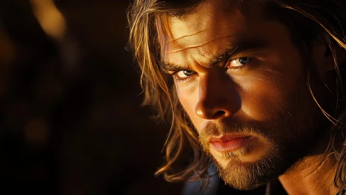 Close-up portrait of intense man in warm sunset light.