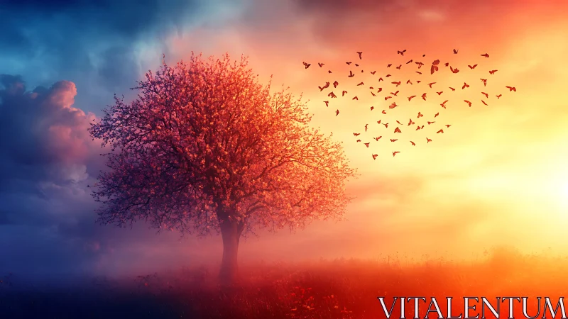 Blossom tree in glowing sunset with birds in gentle flight.