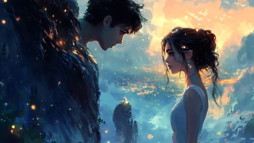 Two figures facing across cliff edge at twilight cityscape.