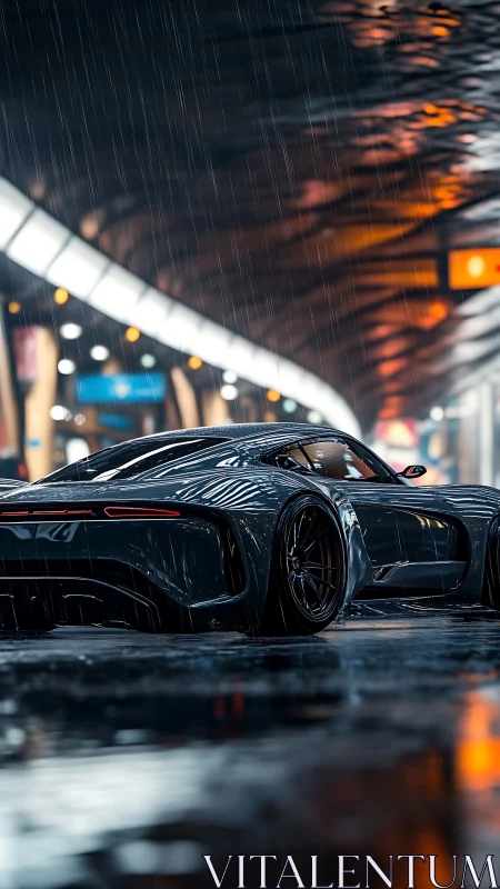 Futuristic sports car stands in wet city street under rain