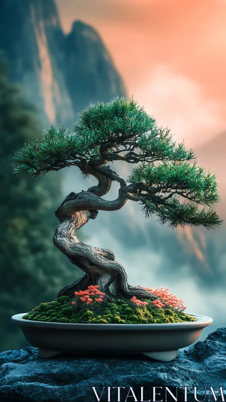 Graceful bonsai tree basking in soft mountain sunset glow.