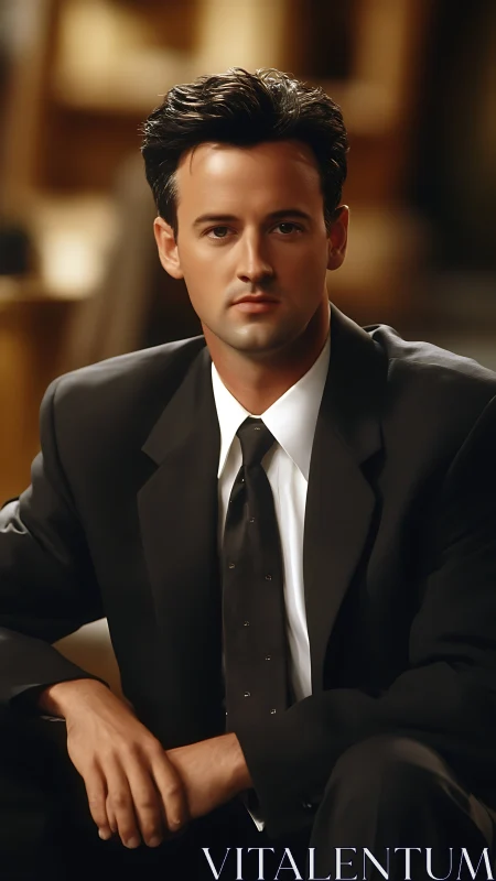 Young man in formal black suit under soft studio key lighting