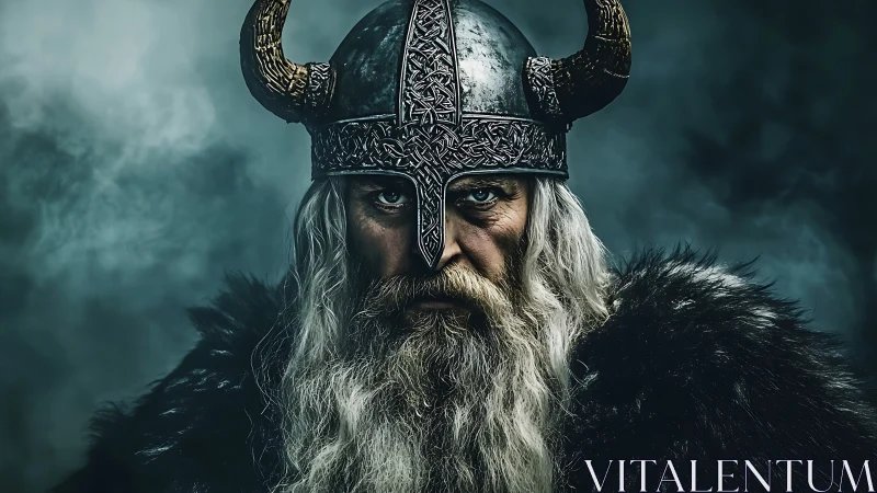 Bearded warrior in horned helmet against dark misty backdrop.