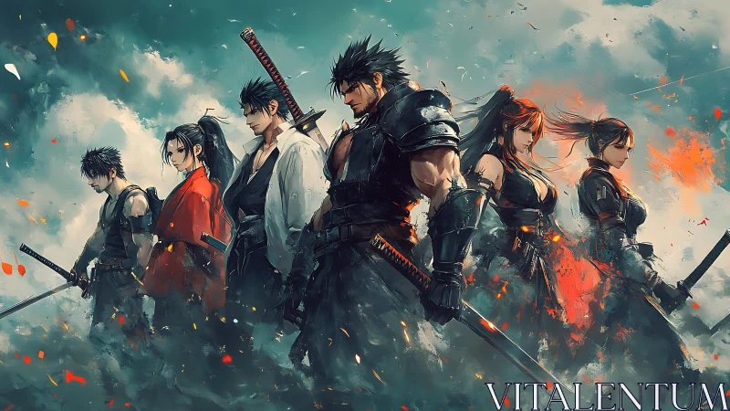 Samurai strike team lineup in dynamic digital painting panorama.