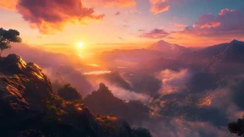 Sunlit alpine valley under radiant cloud-washed sky.