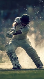 Blazing cricket swing frozen in a storm of flying dust.