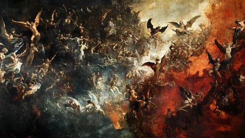 Angelic and demonic legions clash across divided celestial sky