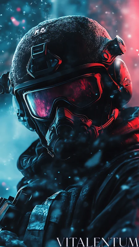 Armored tactical figure in frosted helmet and gas mask.