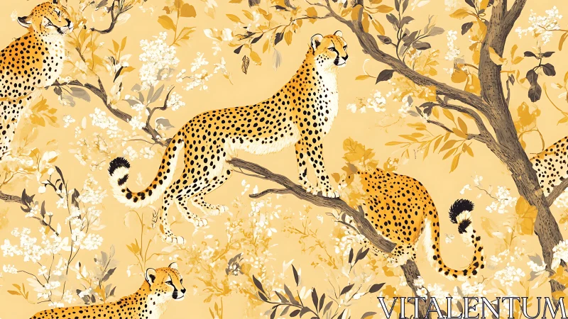 Cheetahs Among Botanical Elements: Golden Savanna Composition