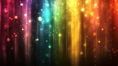 Vibrant abstract bokeh lights with rainbow gradient background.
