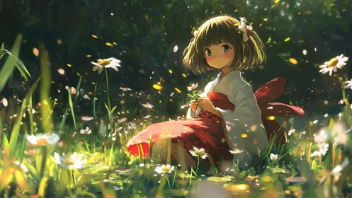 Young girl in kimono sits among glowing meadow flowers at dusk