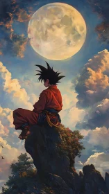 Moon-watching wanderer perched on a cliff of quiet storms.
