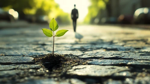 Green sprout breaks city pavement in hopeful morning light