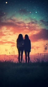 Silhouetted figures beneath multicolored twilight and stars.