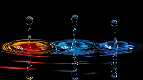 Color split water drops form synchronized ripples in darkness