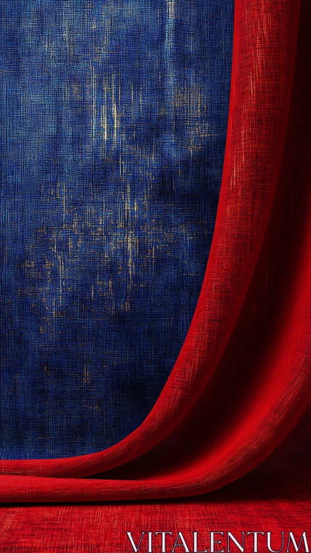 Curved red fabric foreground frames textured blue backdrop surface