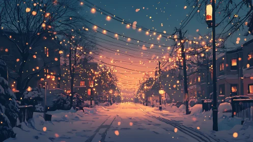 Snow-covered urban street glows under dense festive string lights