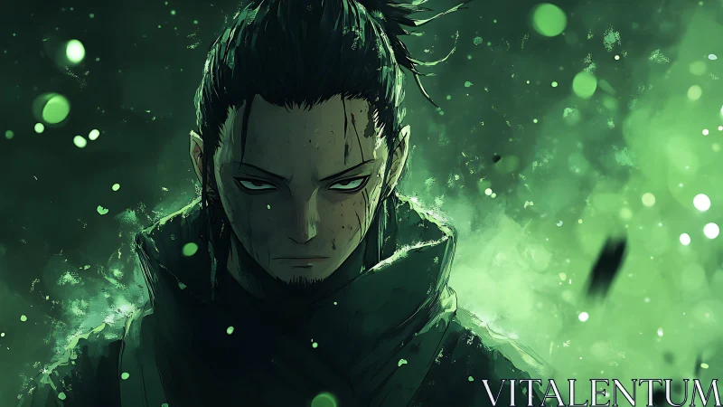 Stoic anime swordsman stands in glowing green mist