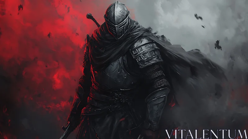 Lone armored warrior strides through swirling red storm.