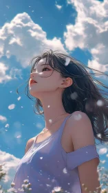 Girl in soft lavender dress enjoying a bright spring sky.