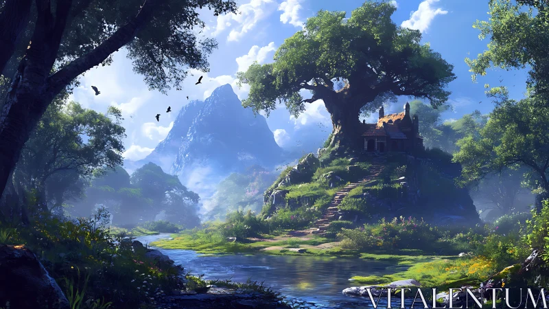 Fantasy Landscape: Castle Nestled Among Misty Mountains.