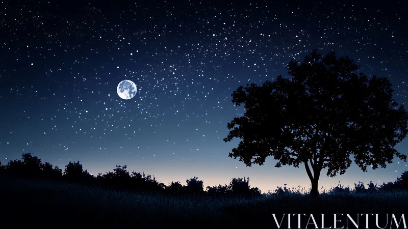 Lunar-illuminated grassland tree under dense stellar canopy.