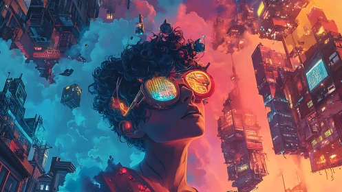 Neon cyberpunk dreamer under floating city skyscrapers.
