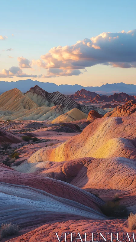 Sunlit striped desert ridges under pastel evening clouds.