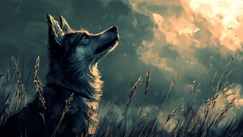 Painterly canine silhouette under luminous storm sky.