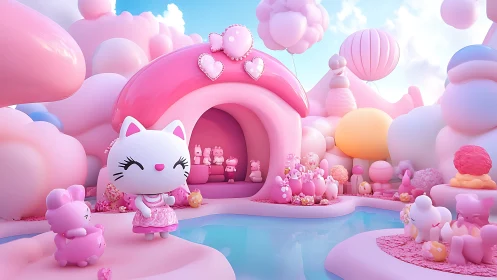 Dreamy Pink Paradise: Kawaii Cat's Whimsical Cloud Home.