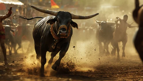 Powerful bull charges through golden dust in a lively race