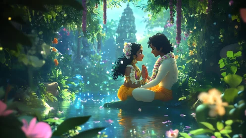 Romantic couple in enchanted jungle pond of soft light.