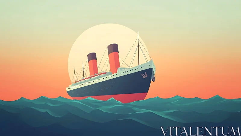 Minimalist ocean liner illustration against sunset horizon.