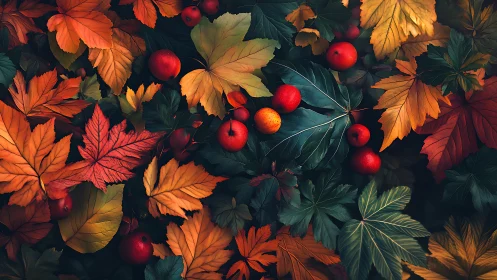 Autumn foliage composition with assorted red seasonal fruits.