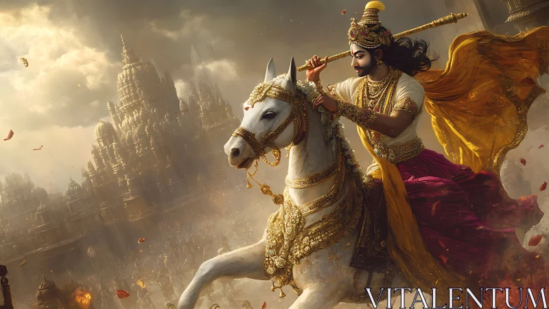 Radiant warrior on white horse before ancient golden city.