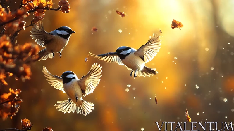 Three small birds hover mid-flight among autumn foliage